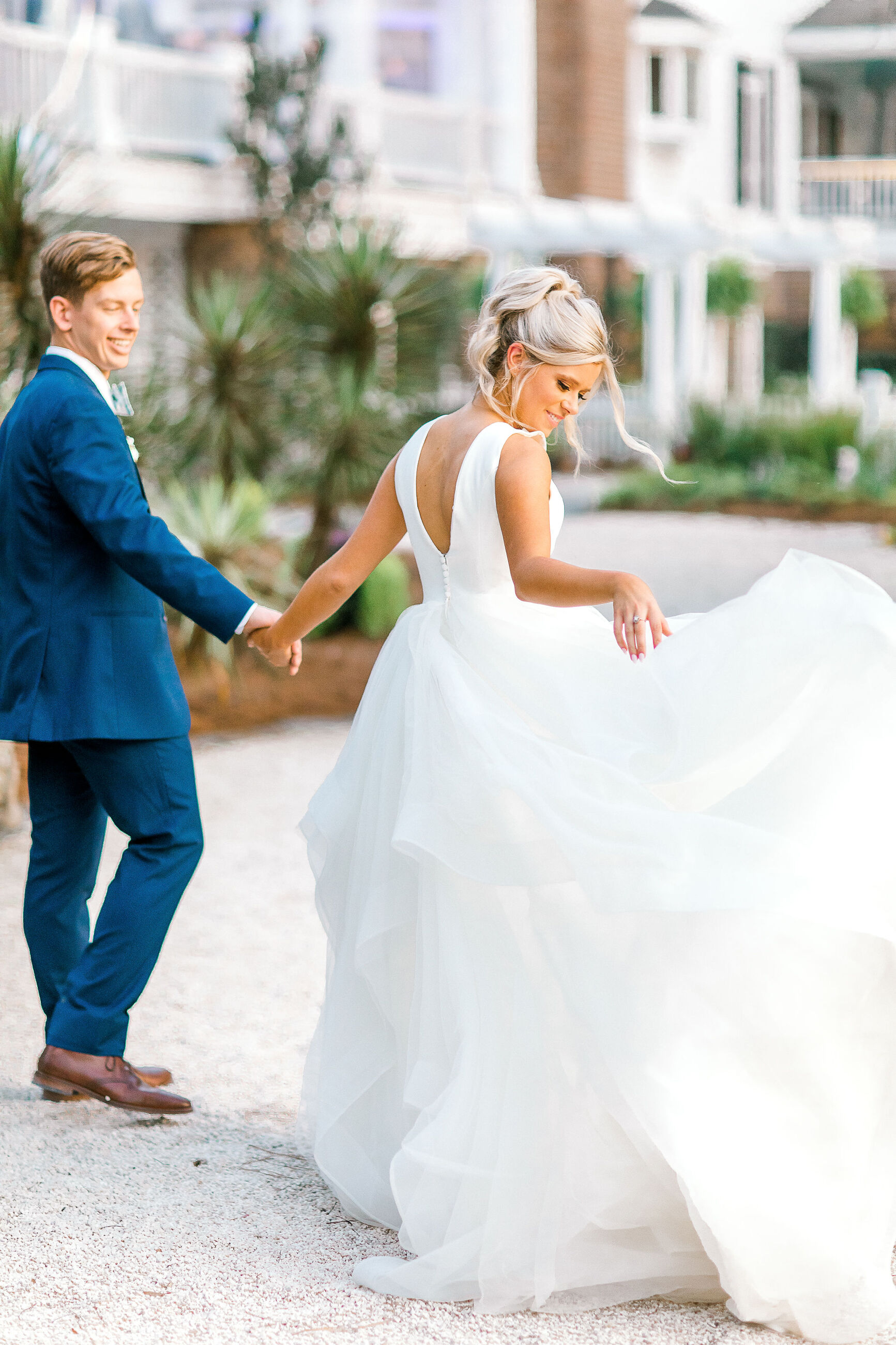 ball gown wedding dress blowing in wind