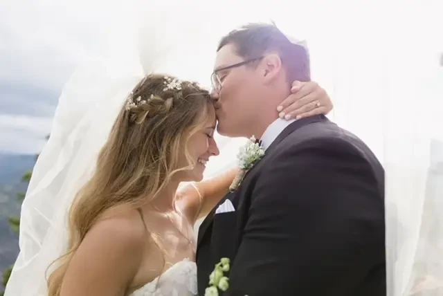 bride and groom under veil 